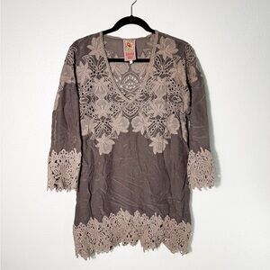Johnny Was Taupe Brown Floral Lace Eyelet Embroidered 3/4 Sleeve Blouse Tunic
